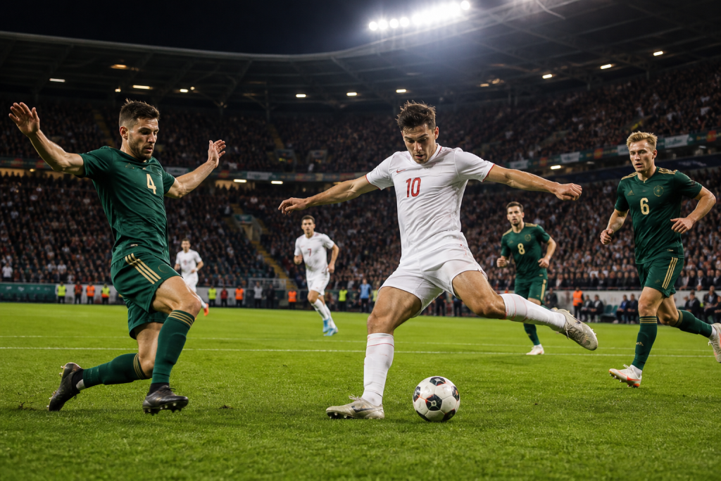 European football play-off match under stadium floodlights