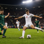 European football play-off match under stadium floodlights